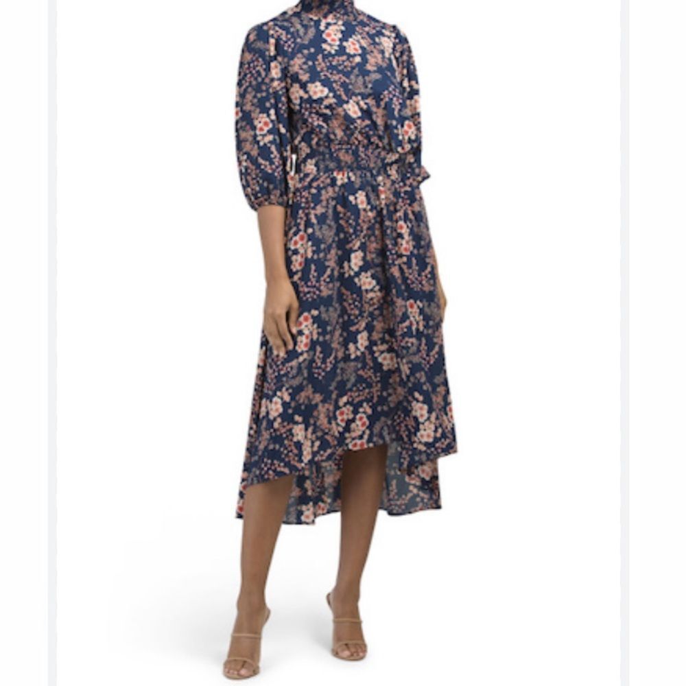 Nanette Lepore long sleeve navy floral smocked mock neck midi dress size 6